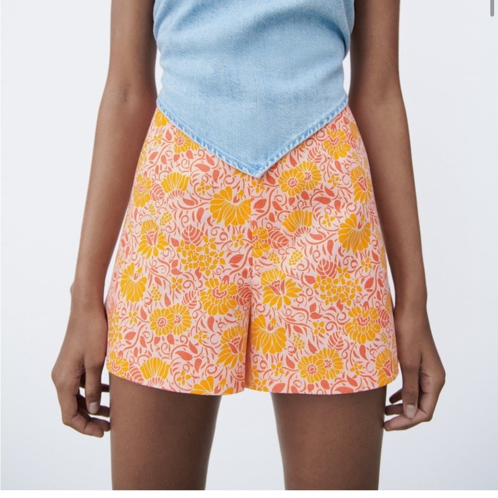 Zara Womens Pink Orange Floral Linen Shorts High Waisted